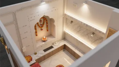 Modern Indian Pooja Room Design with Marble & Warm Lighting