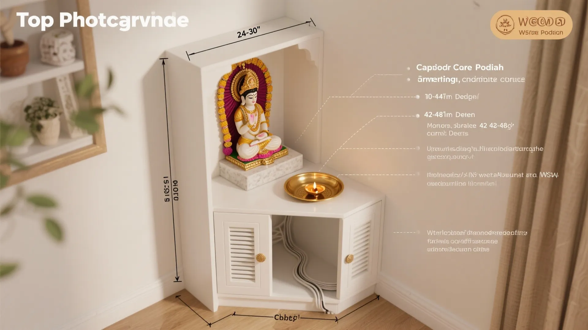 Top-down infographic of compact corner mandir dimensions and safety elements.