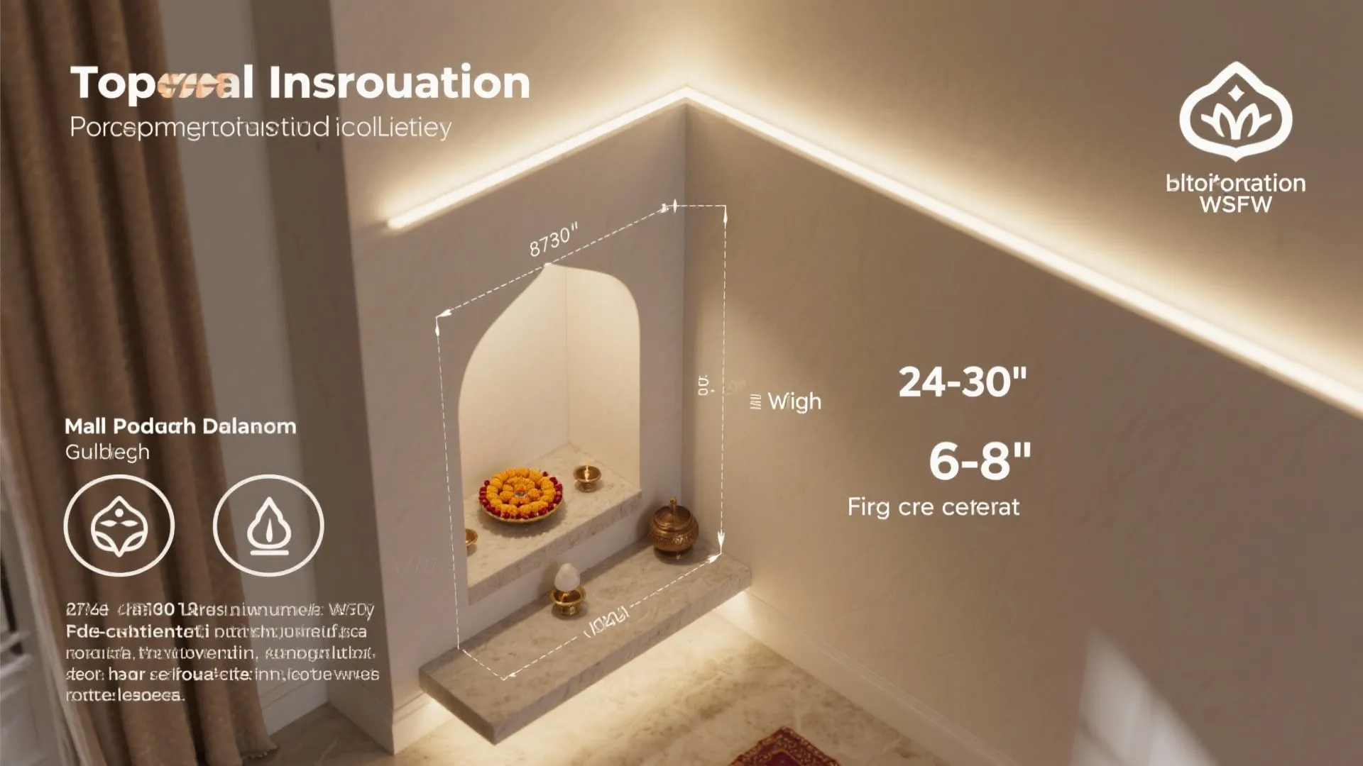 Interior design drawing with dimensions for a wall alcove featuring warm lighting and decorative items