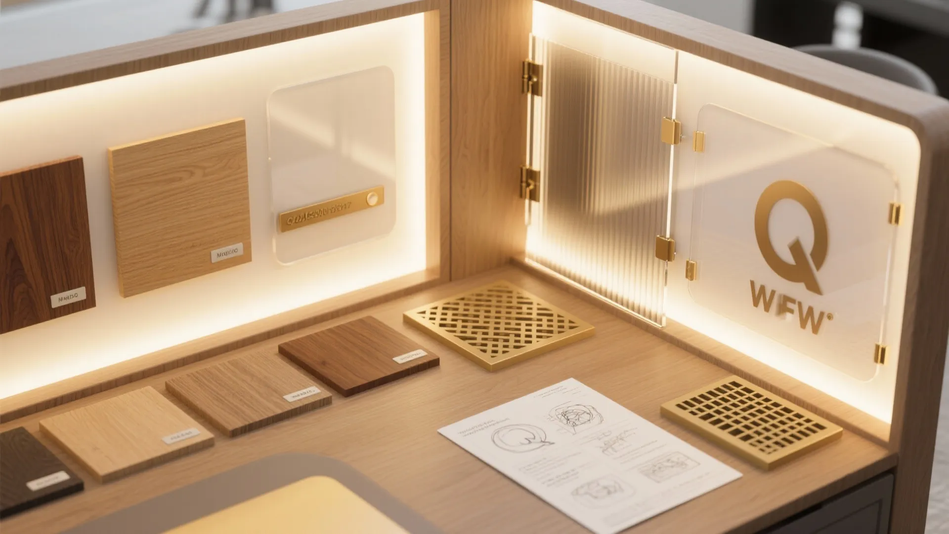 Display shelf showing wood samples acrylic panels gold vents and interior design drawing on table