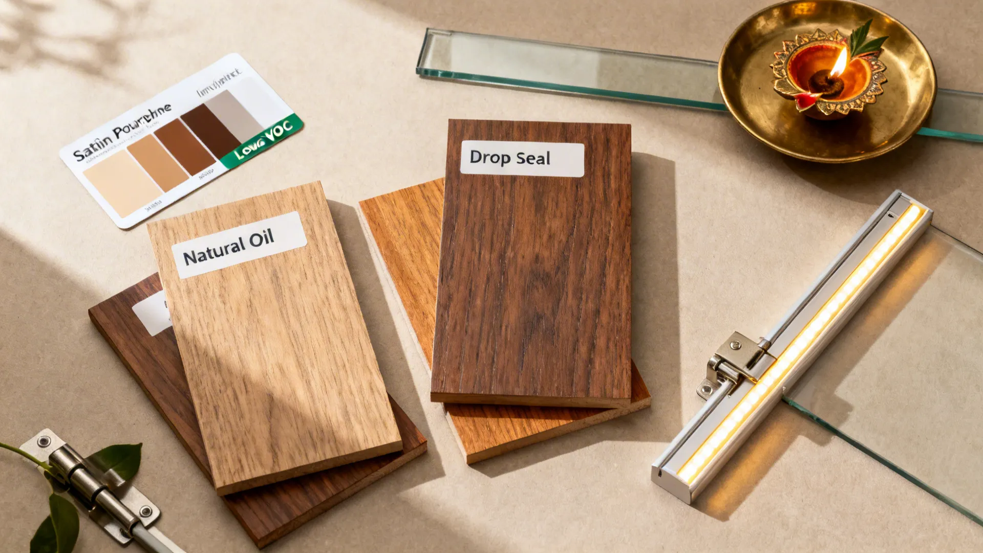 Flatlay of satin wood finishes, tempered glass, brass diya tray, soft-close hinge, drop seal, and warm LED strip