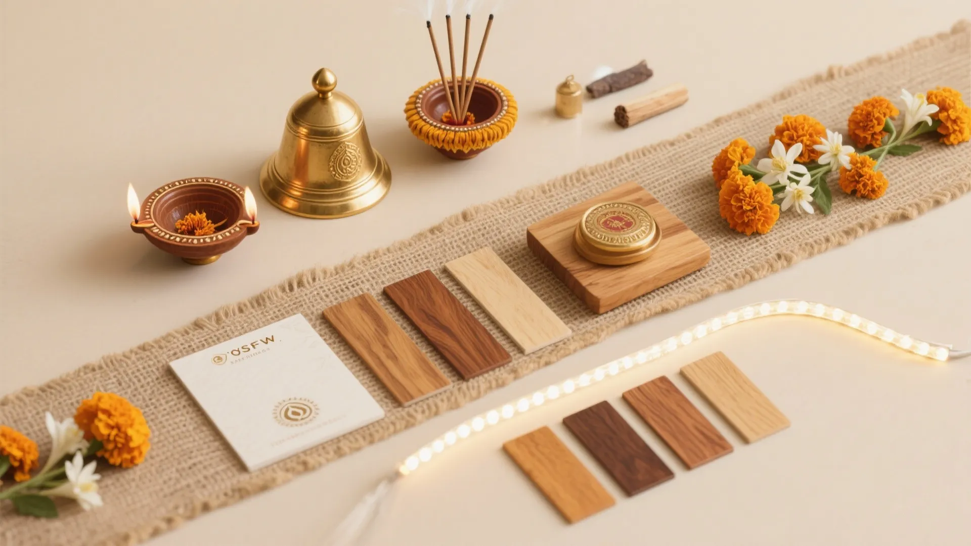 Flat lay with wood floor samples gold bell oil lamps orange flowers and light strip decoration
