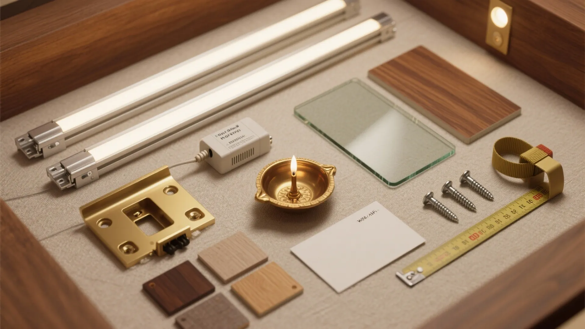 Flatlay of design items with light fixtures wood samples screws glass and yellow tape measure