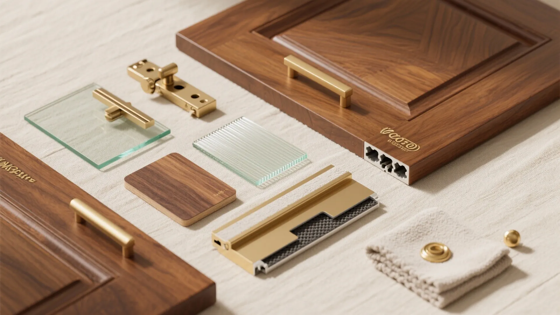 Interior design materials including wood door samples gold handles glass pieces and a small cloth