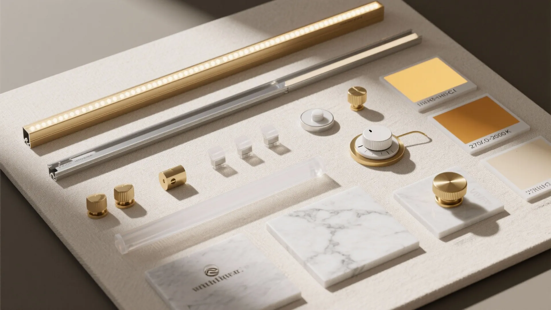 Light strips, brass knobs, marble tiles, and color swatches arranged on a white textured surface.