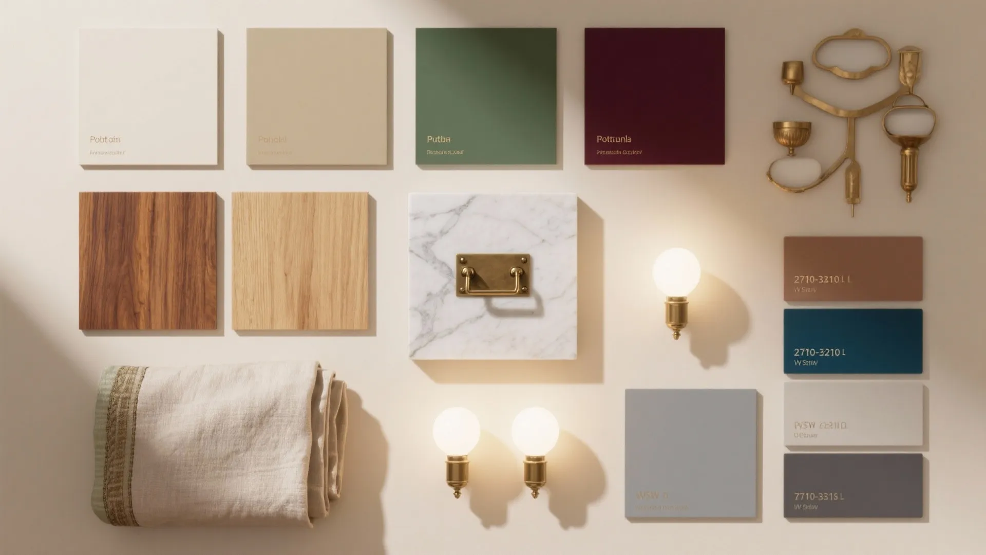 Design mood board with color samples wood pieces marble tile brass handle and light bulbs