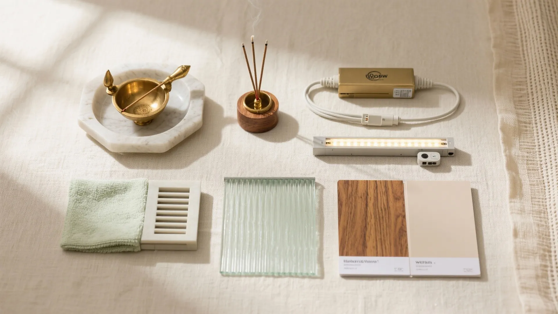 Flatlay of interior design materials including wood samples, glass, paint swatches, light fixture, and incense
