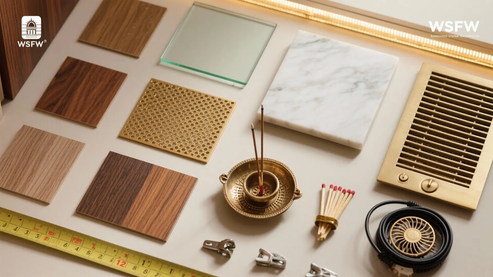 Interior design material board with wood samples, marble tile, gold metal mesh, and measuring tape