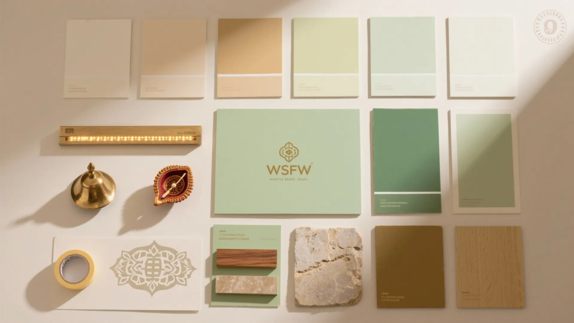 Design flatlay showing paint color cards stone samples wood pieces a bell and light fixture
