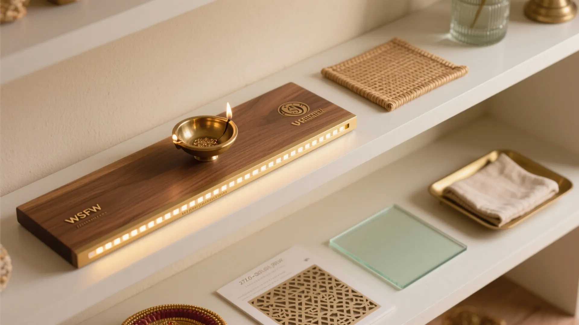 Wooden board with small gold oil lamp sitting on white shelf with various home decor