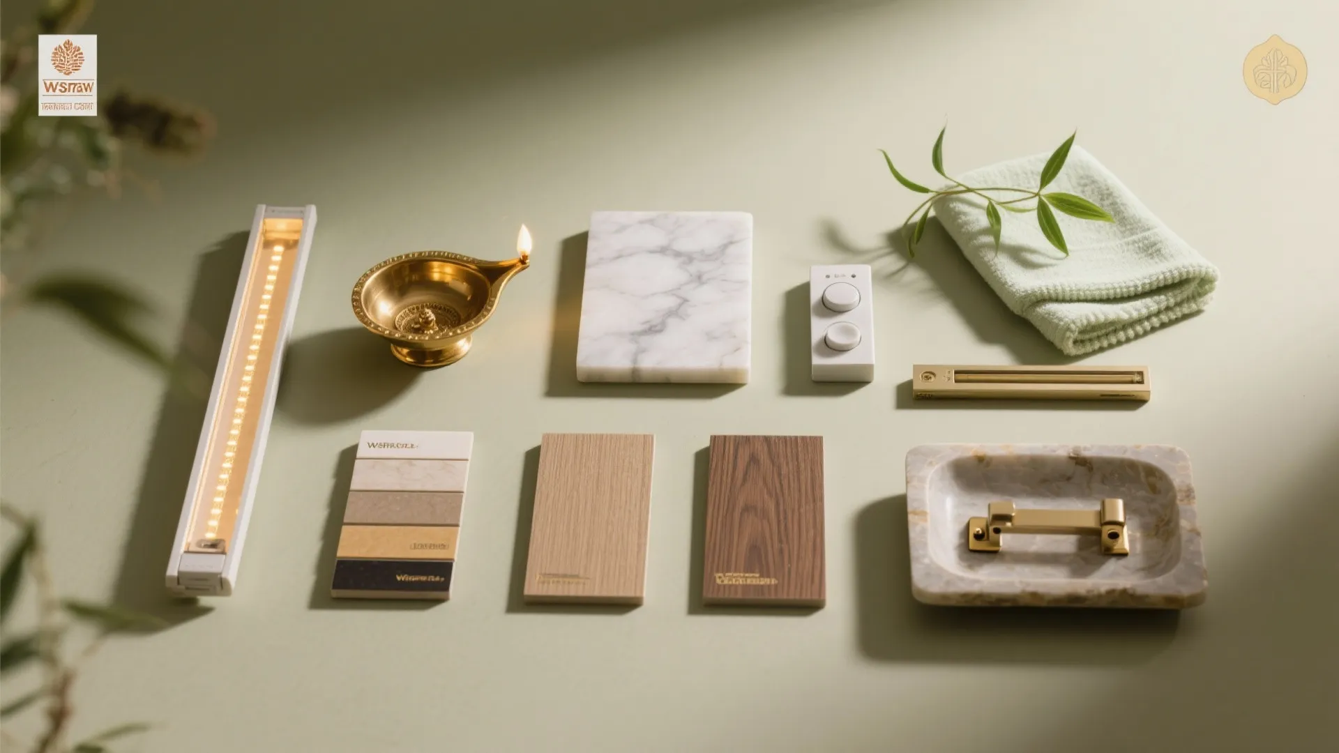 Flat lay of brass diya, marble and quartz samples, warm LED strip, wood swatches, stone tray, plant cutting, and hardware.