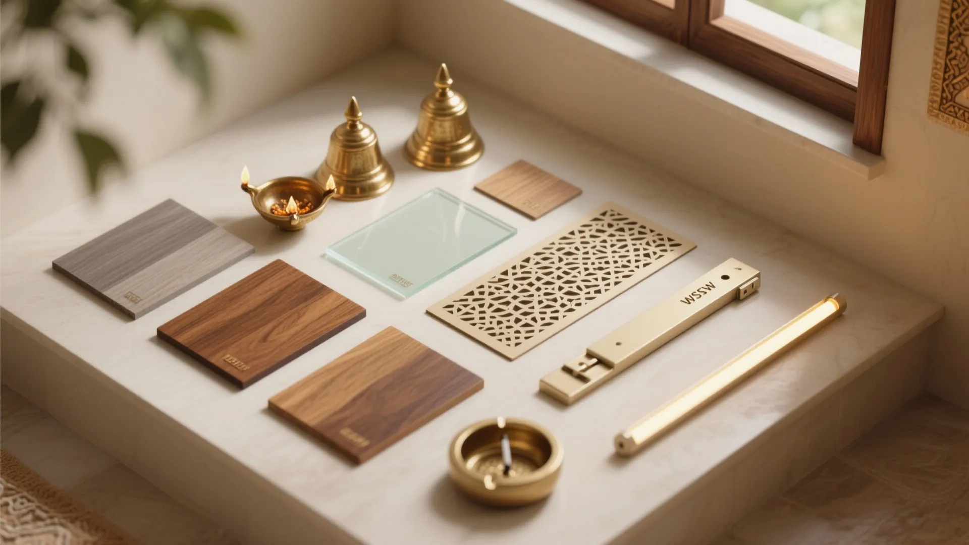 Modern interior design material flat lay with wood samples gold decor glass and light fixtures