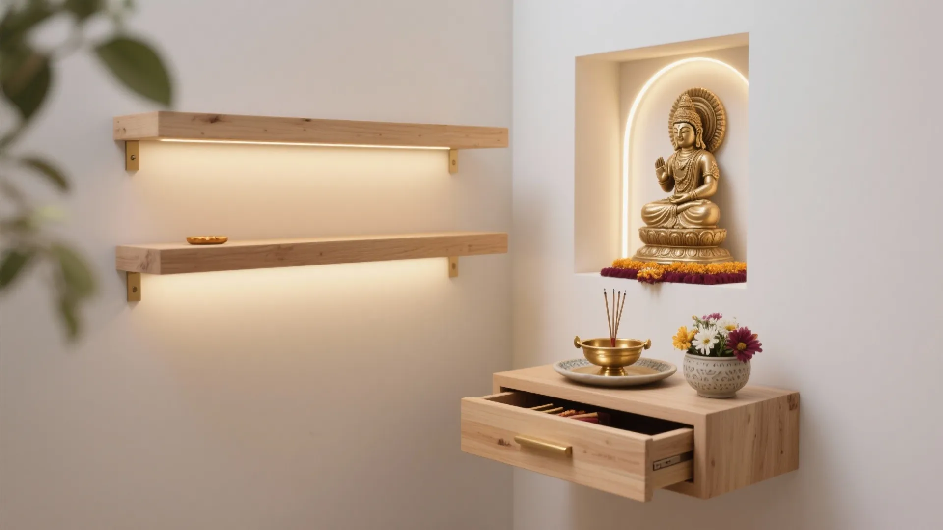 Minimalist Pooja Nook with Floating Shelves