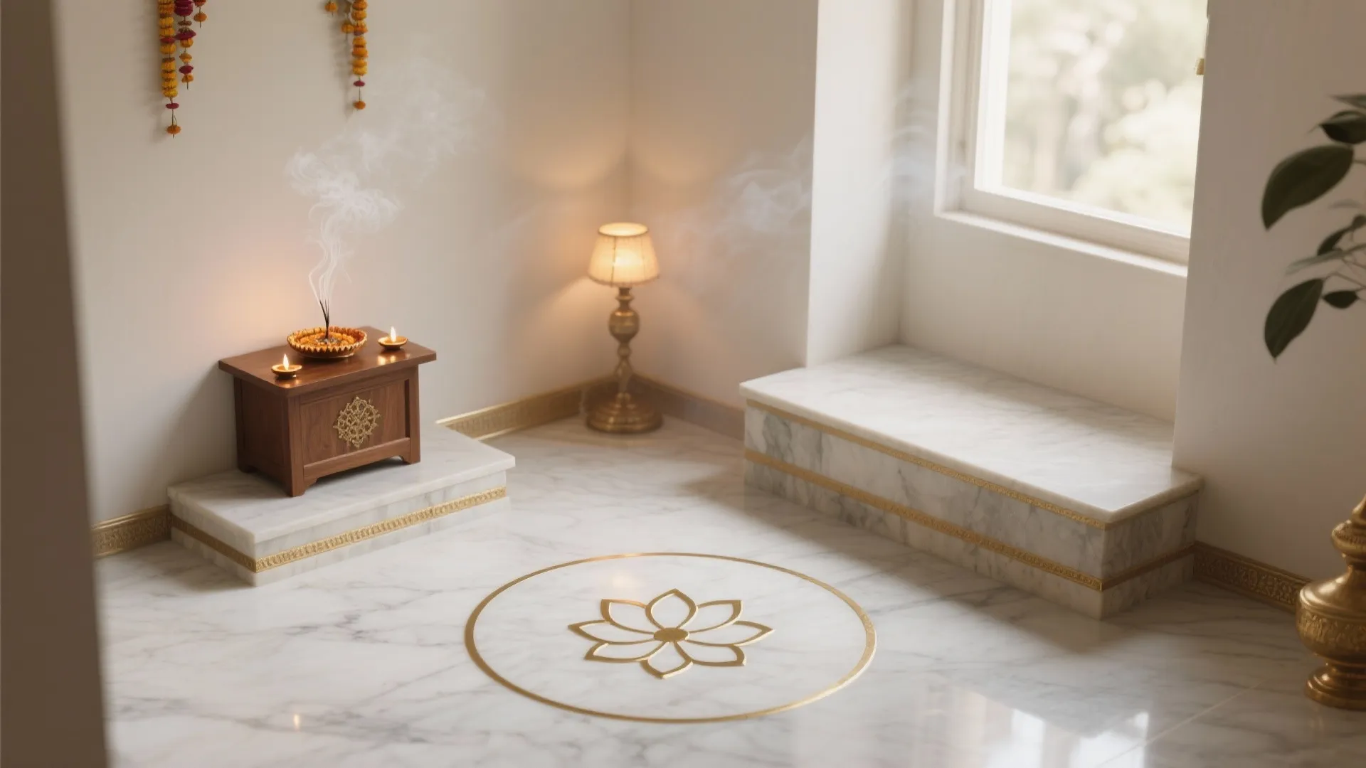White marble floor with gold flower pattern design small wooden cabinet and traditional table lamp