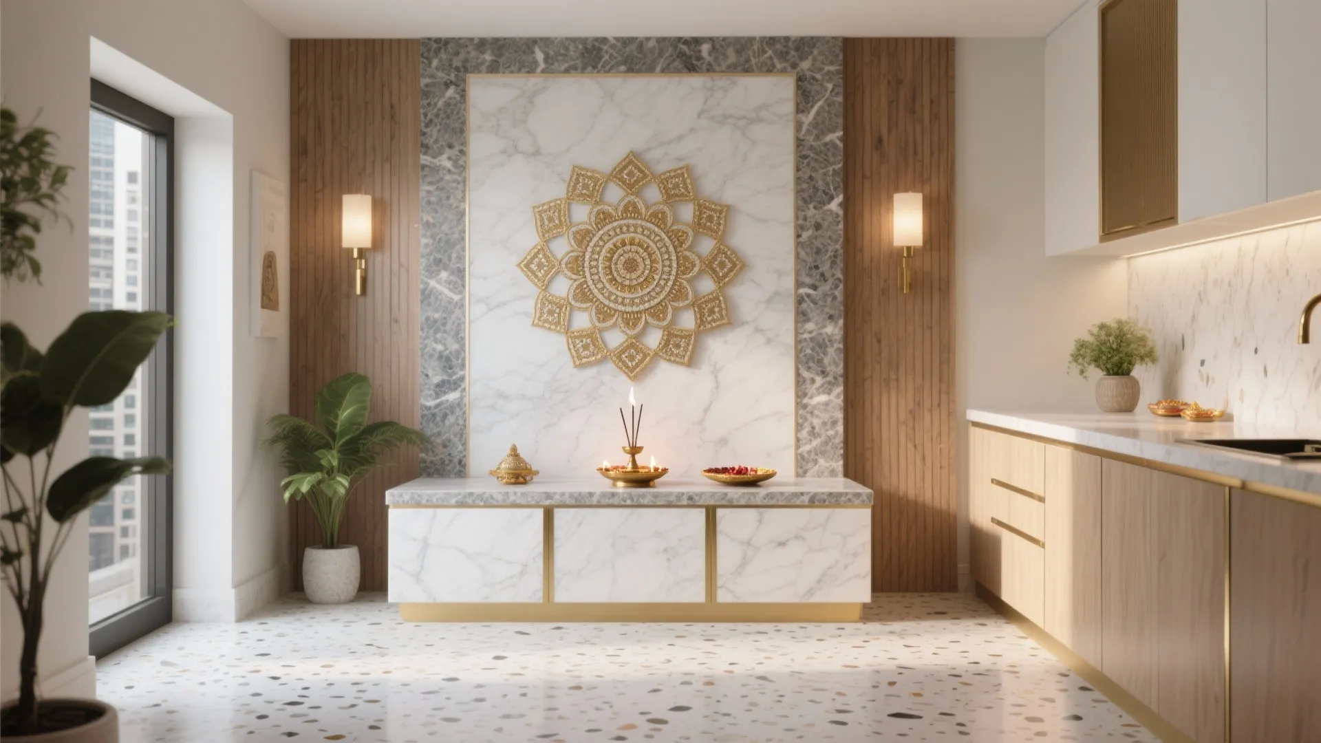 Modern prayer area with marble wall gold flower decoration wooden panels white cabinet and speckled floor