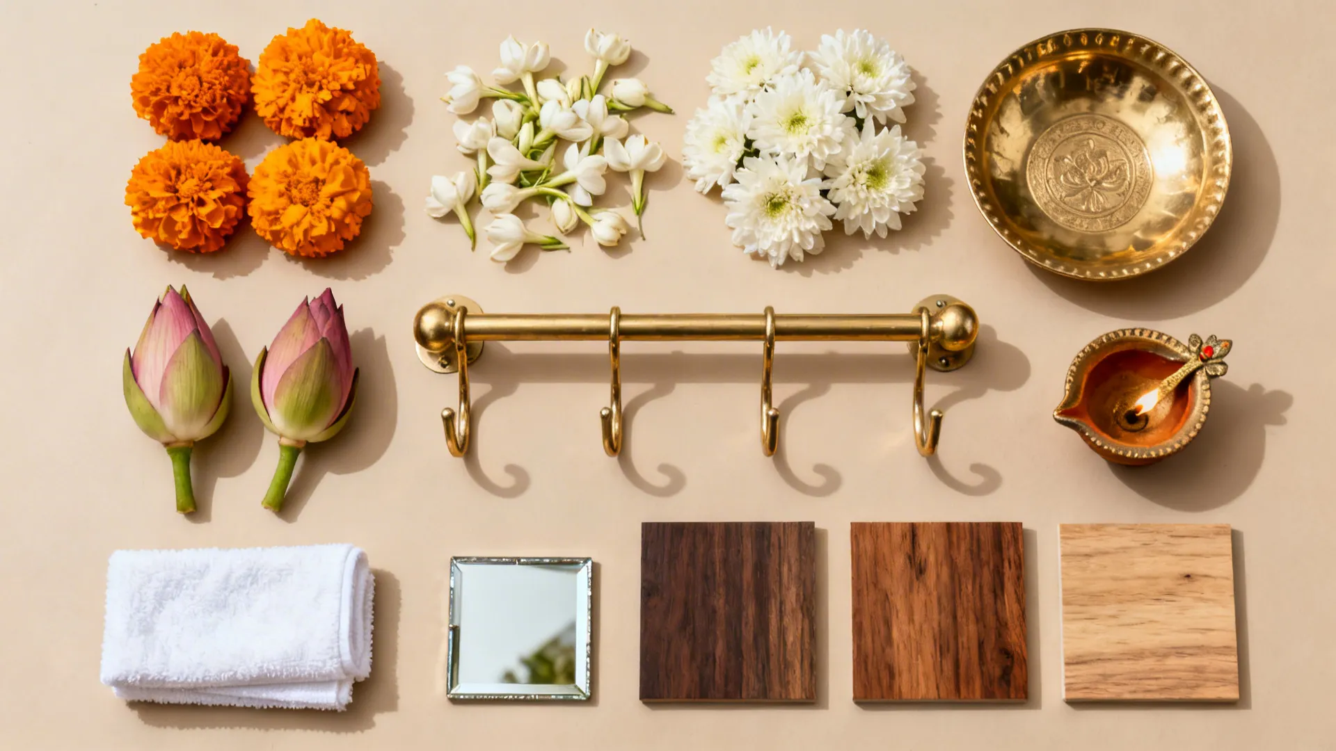 Flatlay of marigold, jasmine, chrysanthemum, lotus buds with brass thali, diya, mirror tile, and wood swatches.