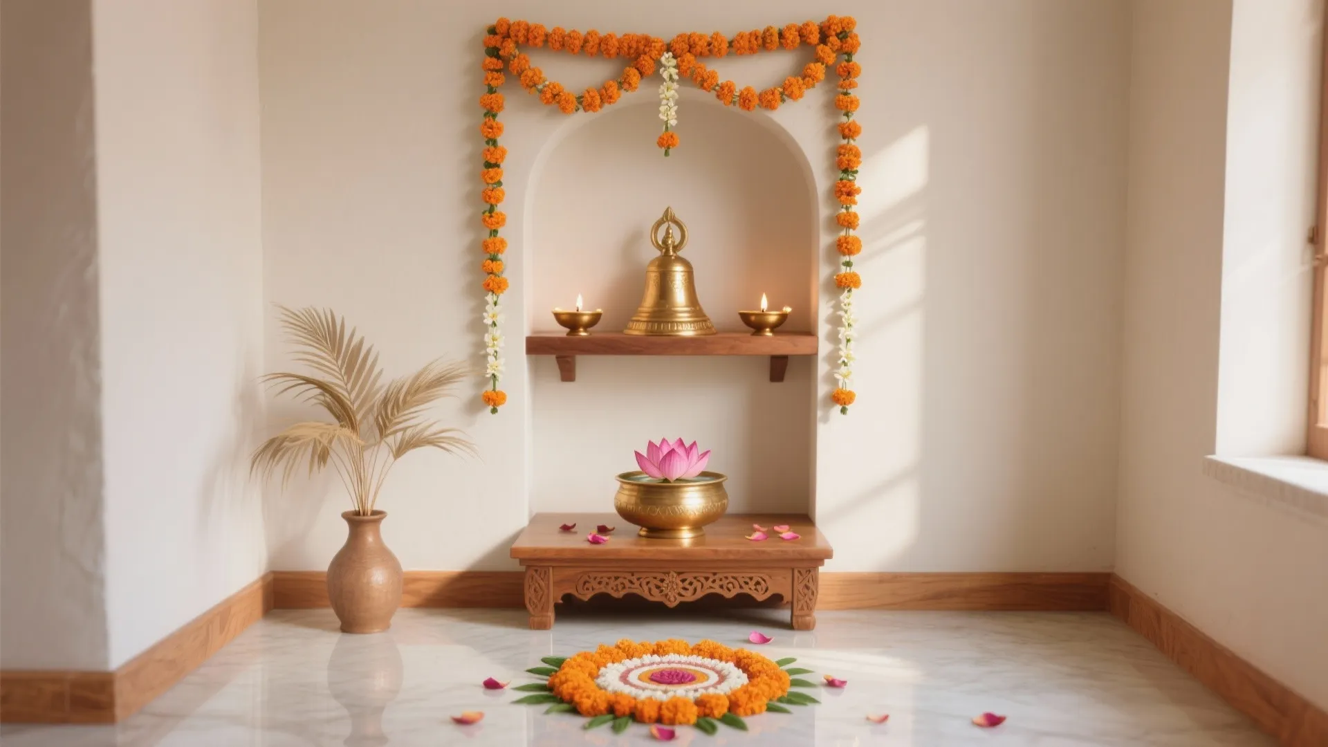 Small prayer room with flower garland hanging over a brass bell and candles on shelf