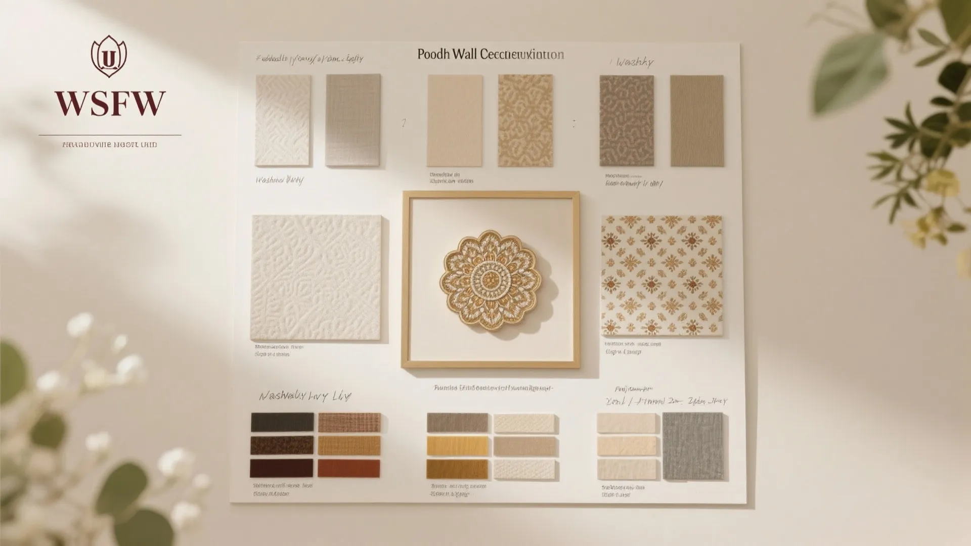 Interior design board with wallpaper samples fabric pieces and a framed central gold floral pattern