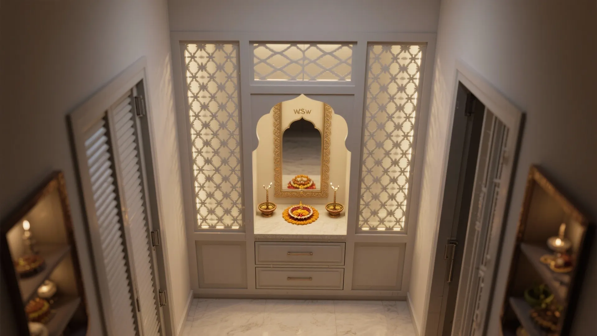 Top-down visual guide showing ventilation gaps, etched glass, jaali vents, indirect LED placement, and compact storage for pooja fronts.