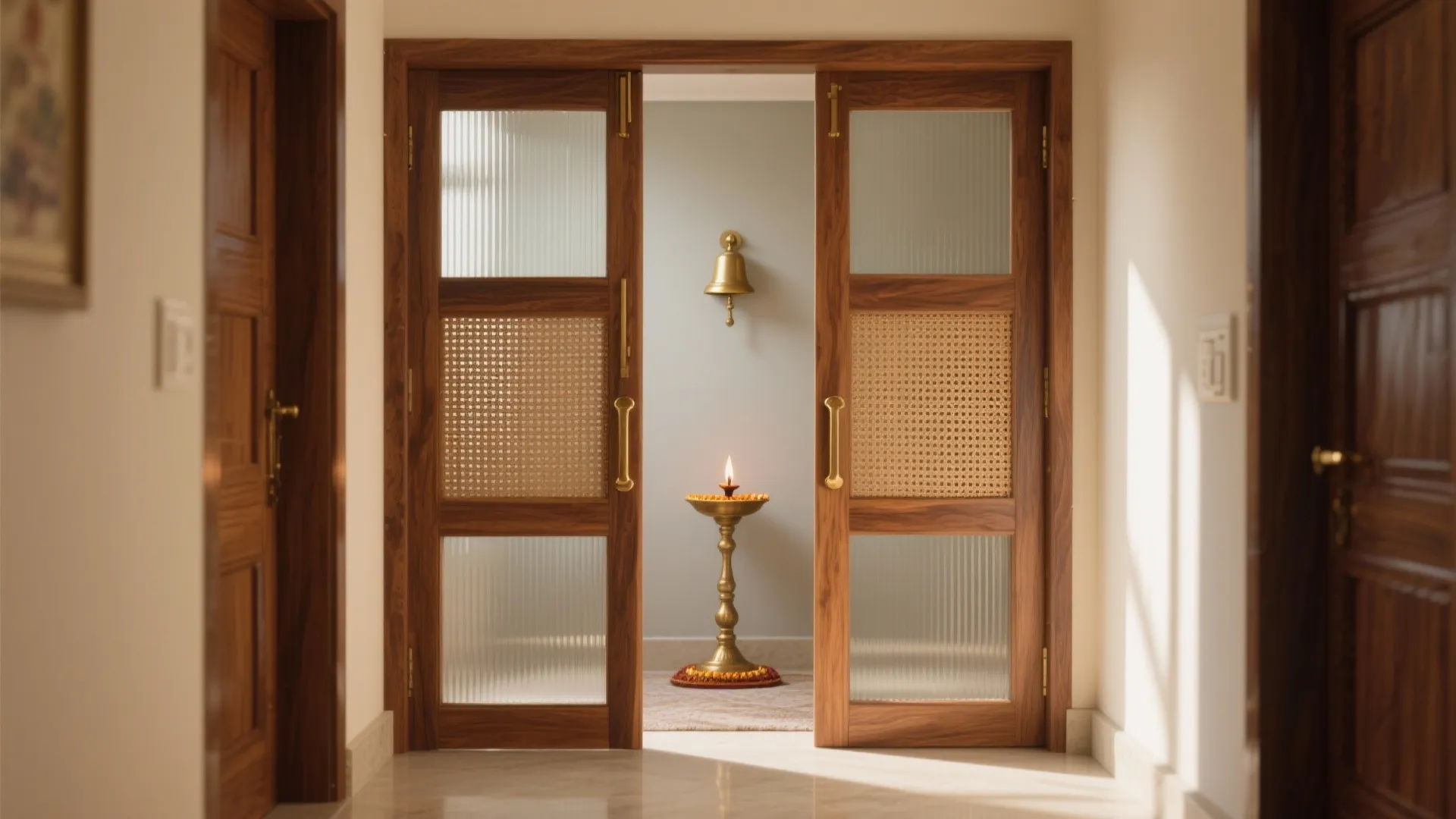 Wooden double doors with glass panels opening to a room with a lamp and bell