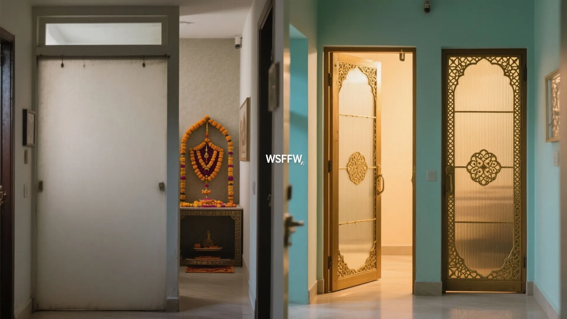 Split view showing a heavy solid partition replaced by fluted glass with brass jali and warm light.