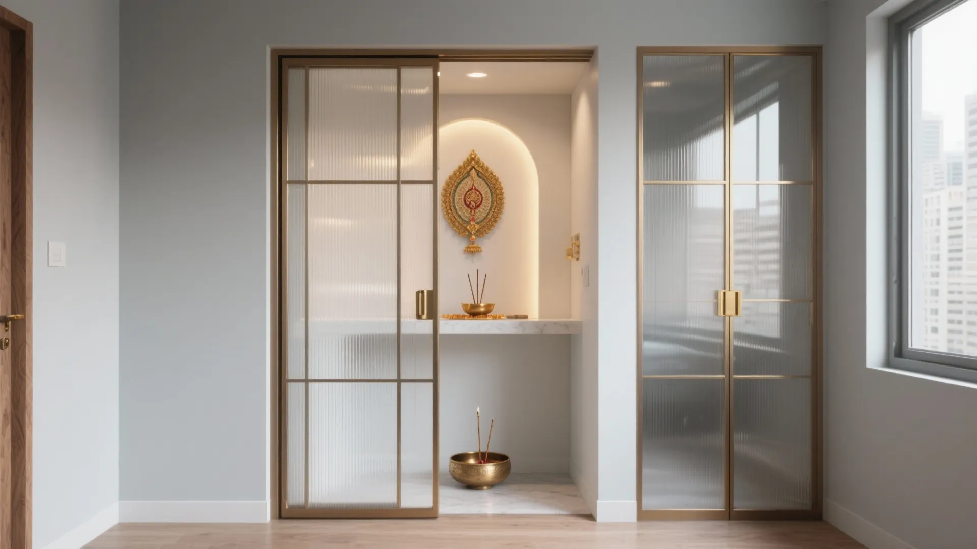 Modern prayer nook with fluted glass sliding doors marble shelf gold bowl and white walls