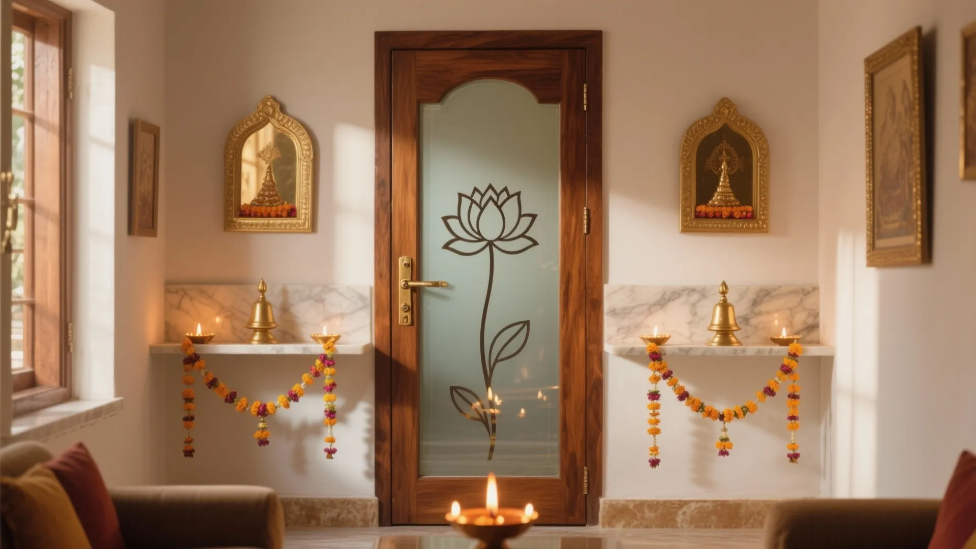 Wooden door with lotus flower glass design surrounded by marble shelves candles and flower garlands