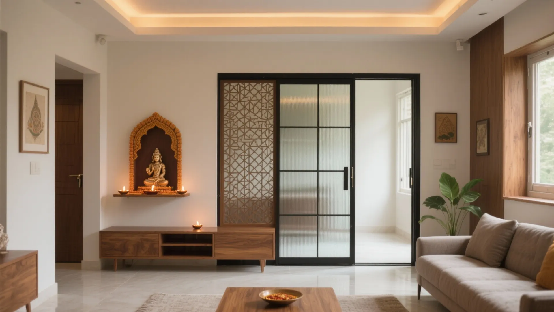 Modern living room with wooden cabinet Buddha statue sliding glass door sofa and warm white walls