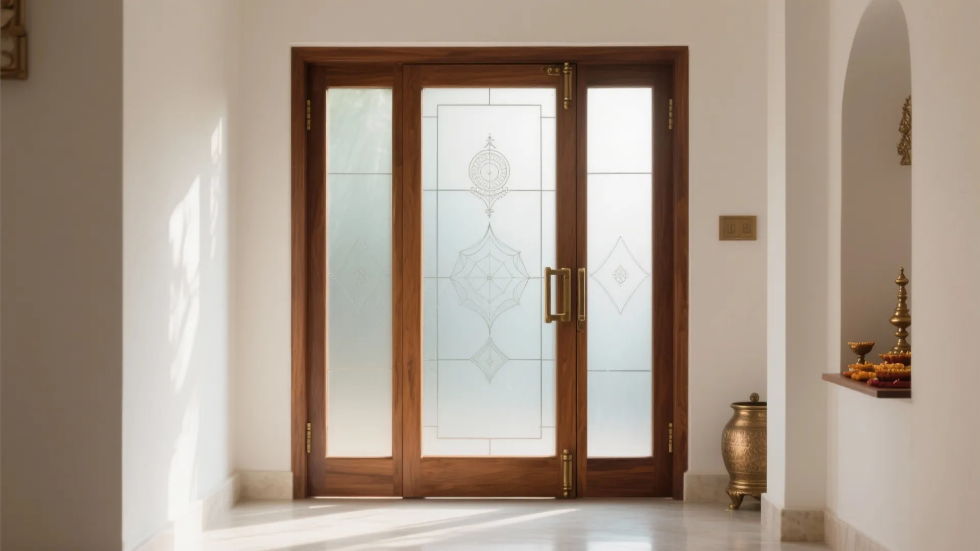 Elegant wooden door with decorative frosted glass panels set in a white wall with gold accents