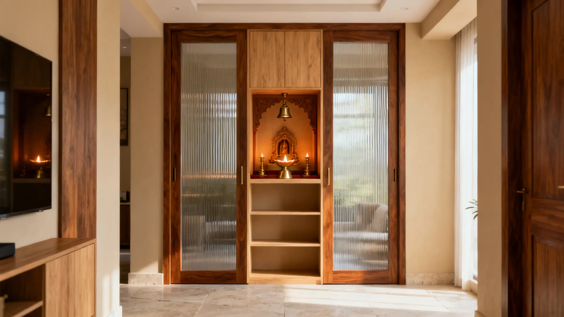 Wooden prayer room with glass sliding doors and shelves featuring a small statue and bell