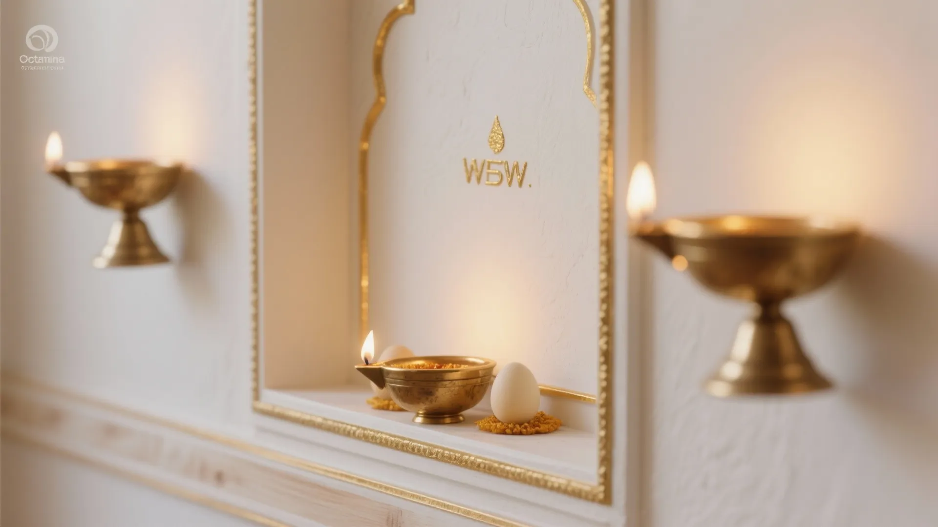 Close up of gold wall light fixtures and a small wall niche with a gold frame