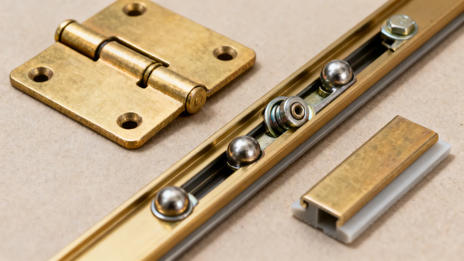 Macro of solid brass hinge, soft-close unit, sliding track, and drop seal for pooja doors