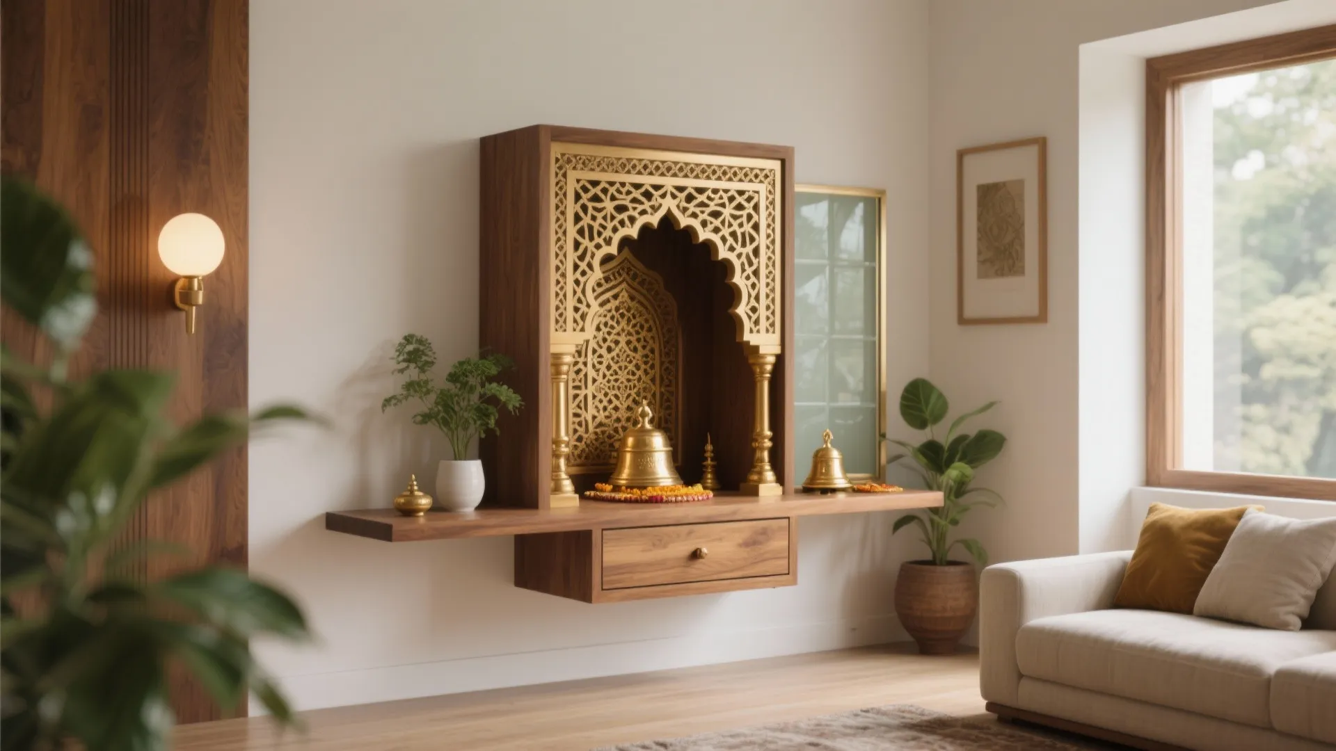 Wooden wall mounted prayer cabinet with golden patterns plus small drawer and soft white sofa