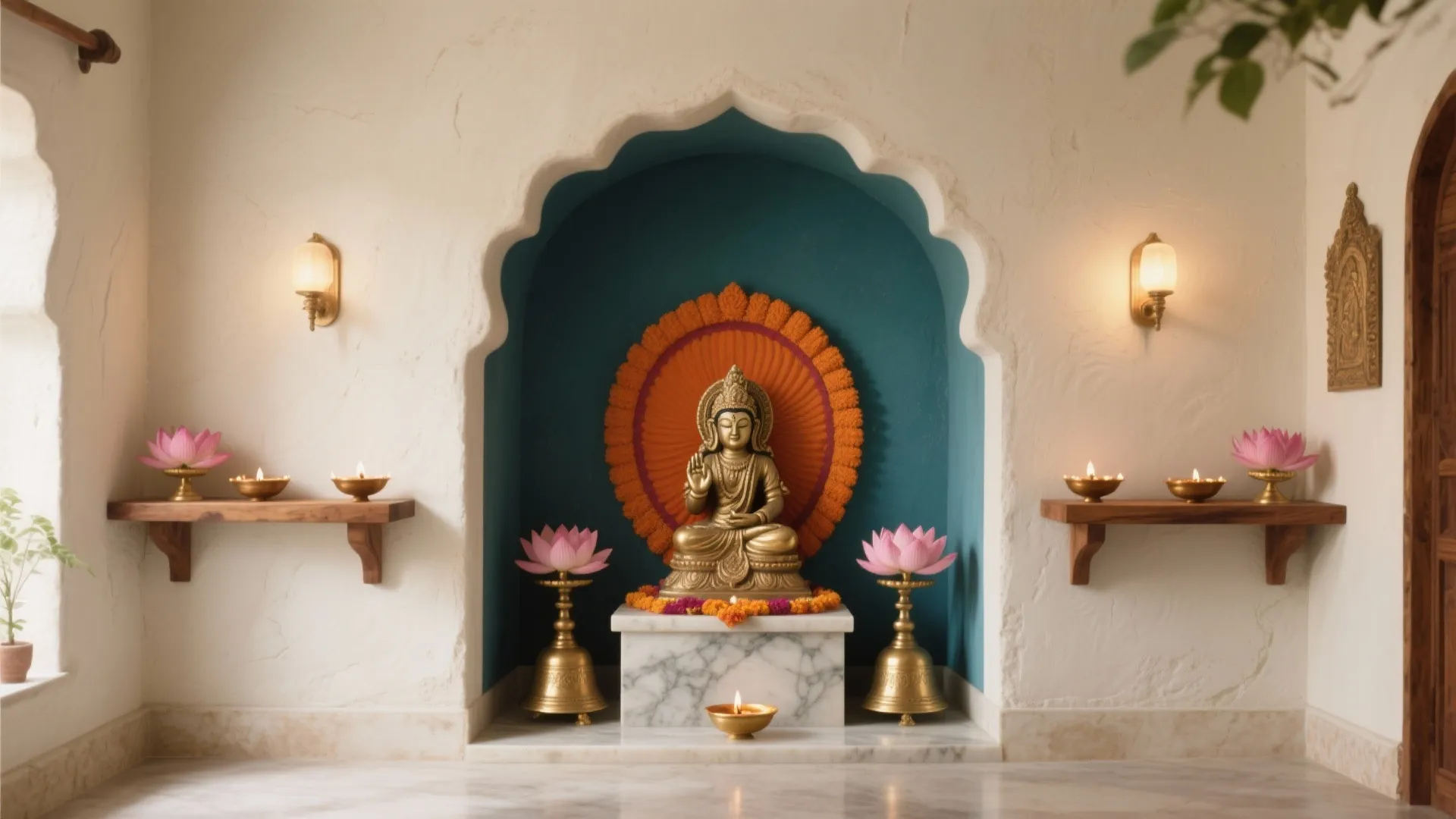 Golden statue in a blue wall niche with pink flowers and small warm light fixtures