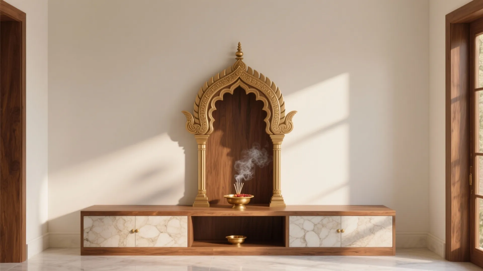 Traditional golden arch decoration placed on a wooden cabinet with marble doors in bright room