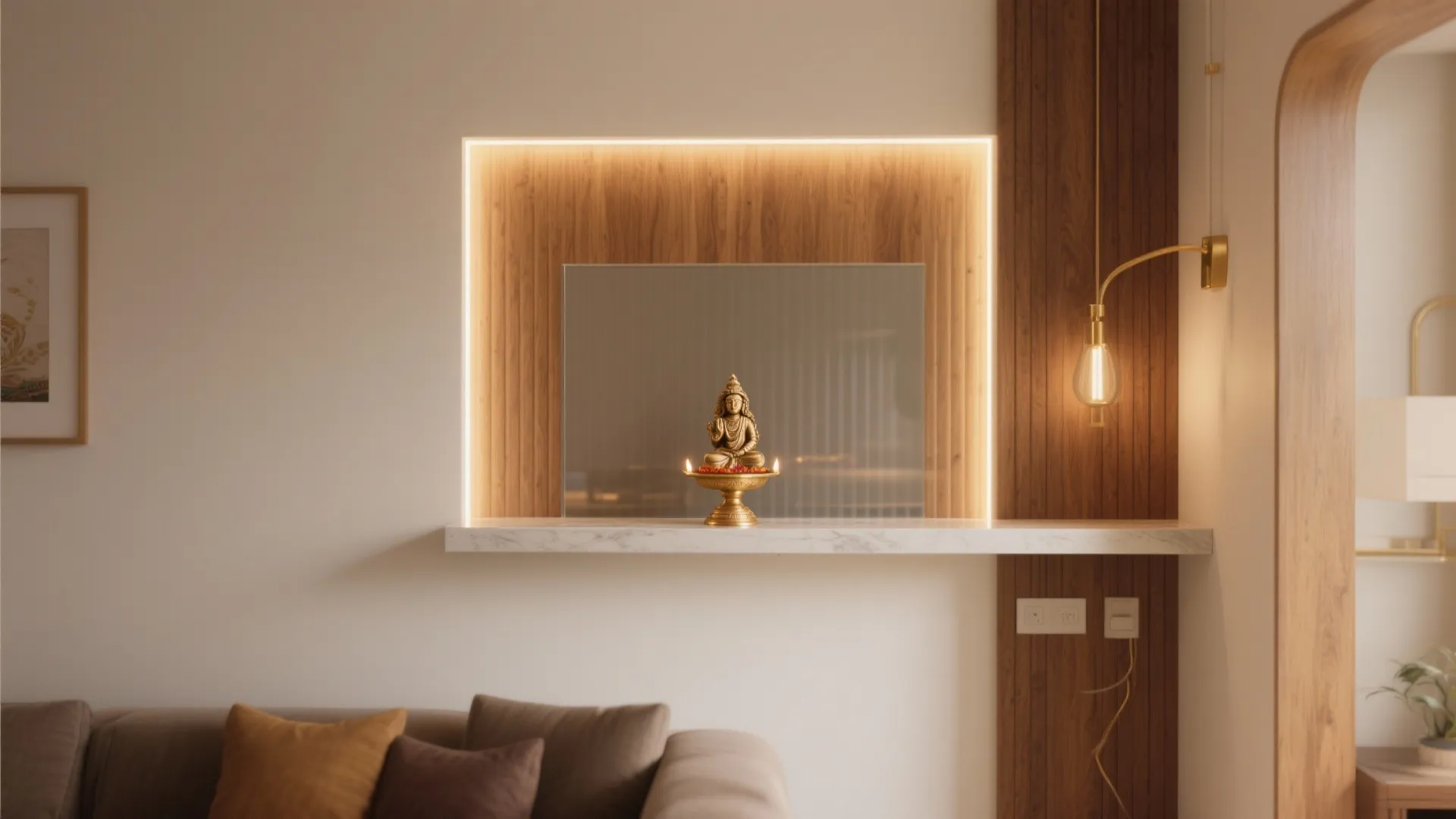 White wall with wood paneling featuring a backlit mirror and small gold statue on shelf