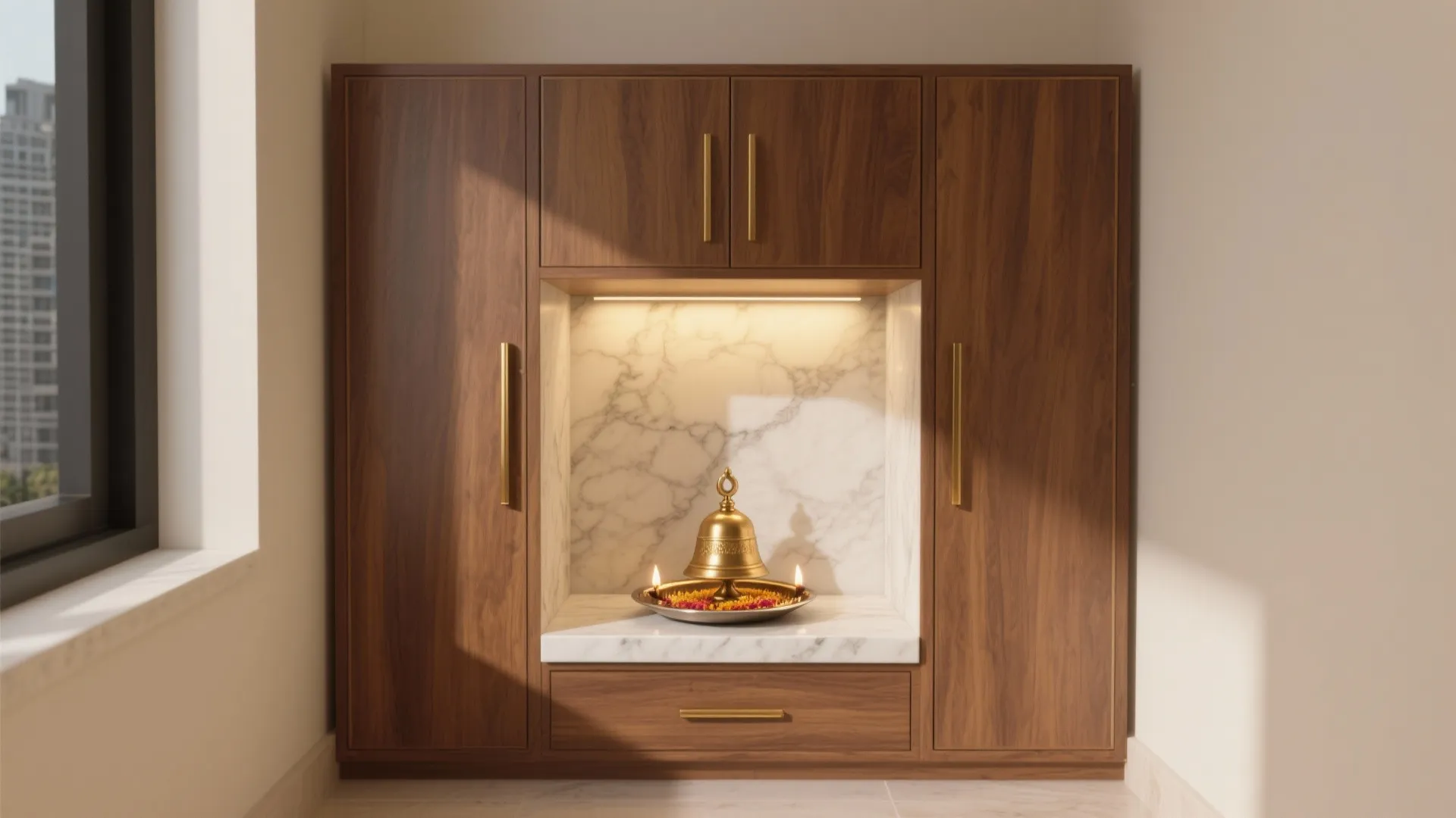 Large wooden cabinet with marble niche in center holding small bell and warm light candles