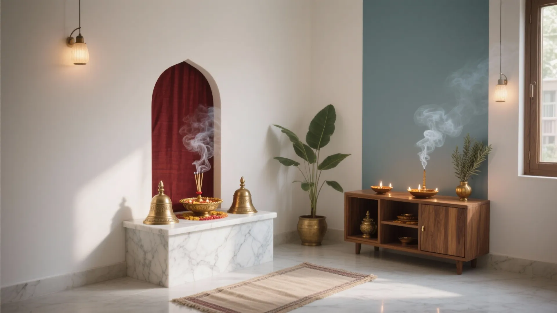 Prayer room featuring red arch marble altar incense smoke brass bells wood cabinet and plant