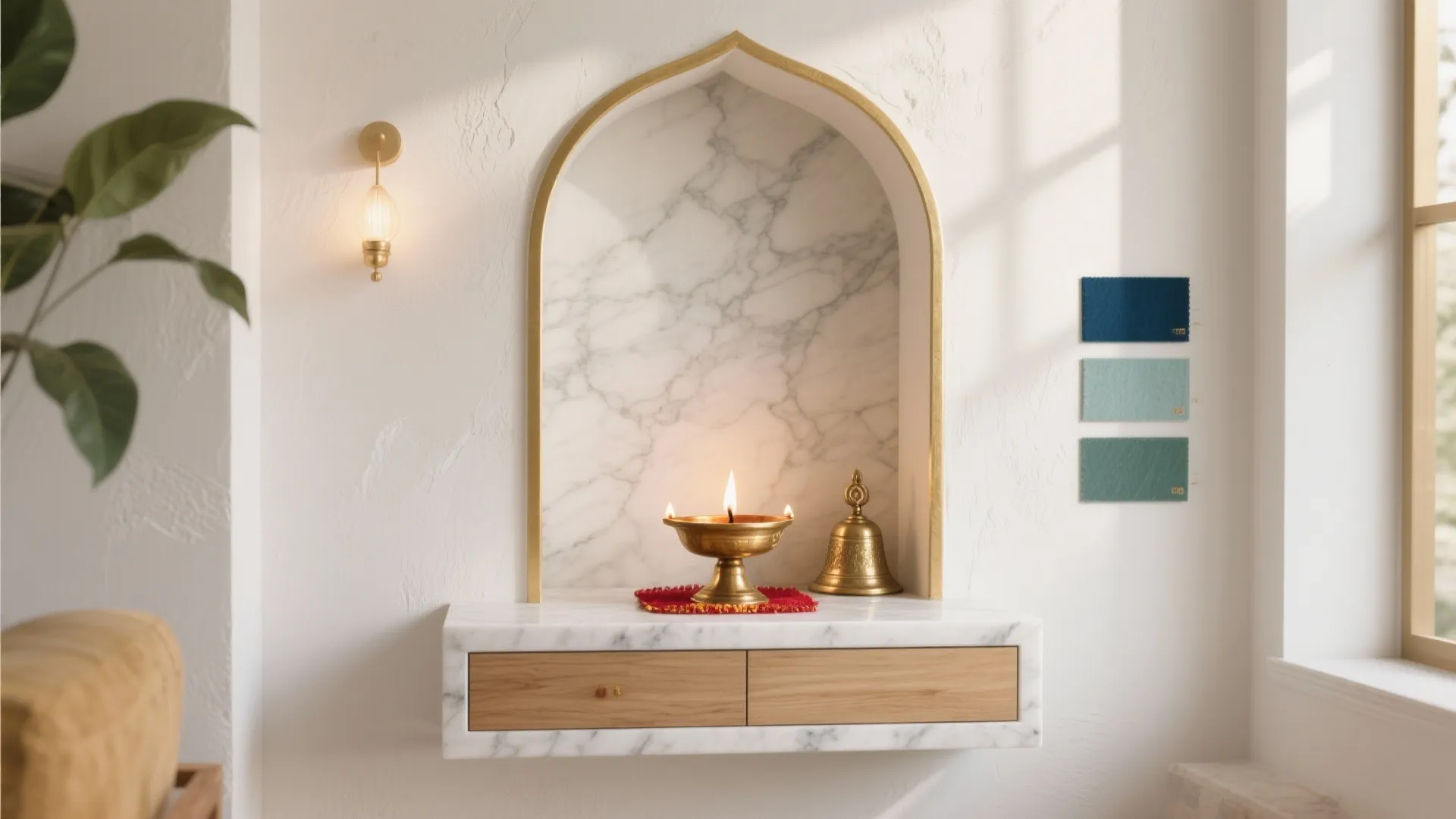 White wall with marble arch niche featuring a brass oil lamp and small golden bell