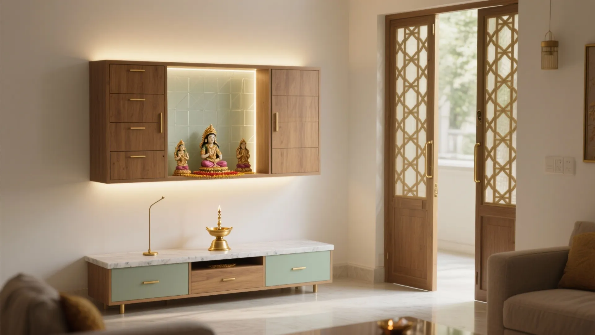 Modern living room with a wooden wall cabinet containing statues and a marble top storage
