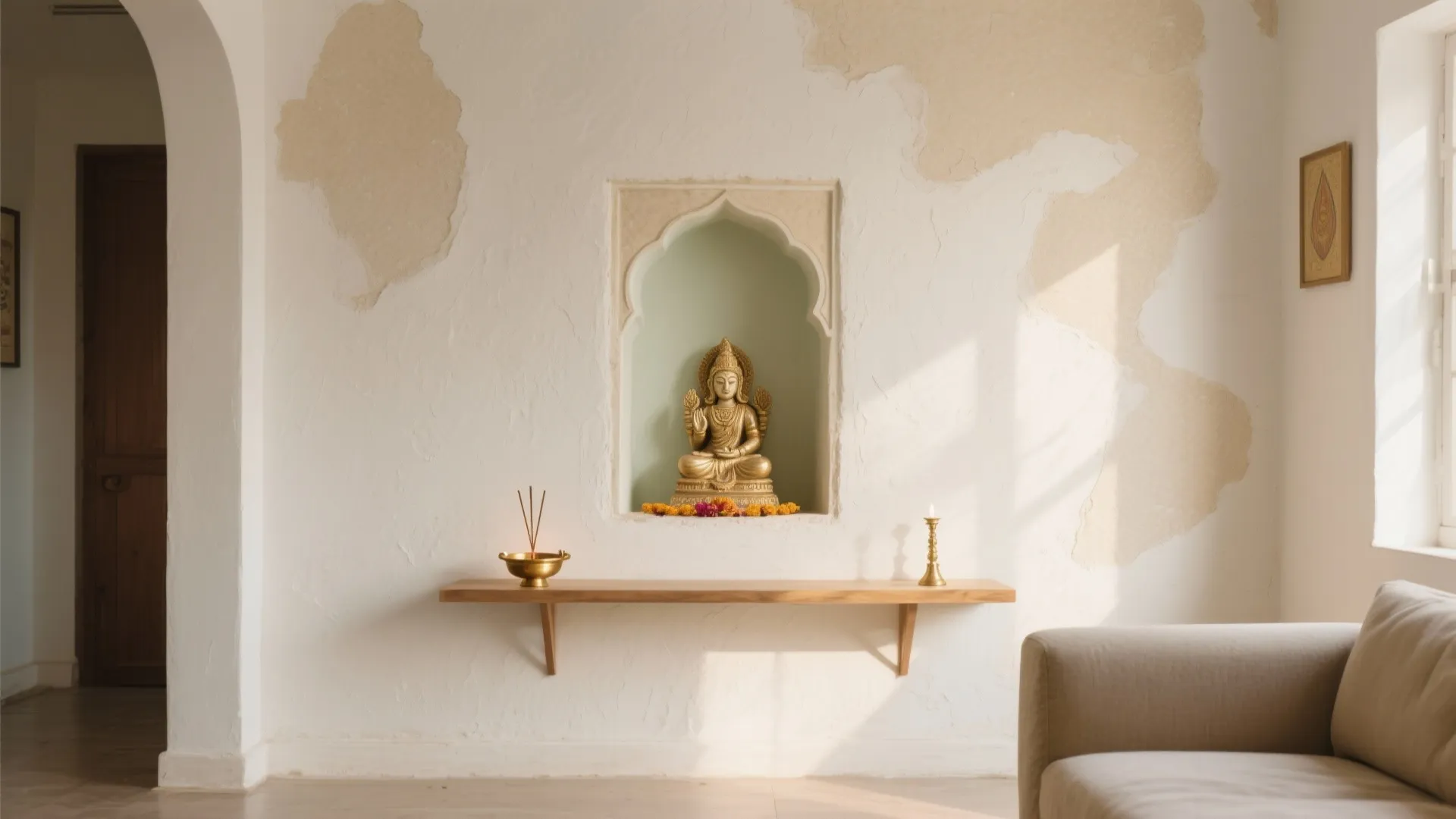 Minimalist prayer room with gold statue in arched wall niche wooden shelf and neutral sofa