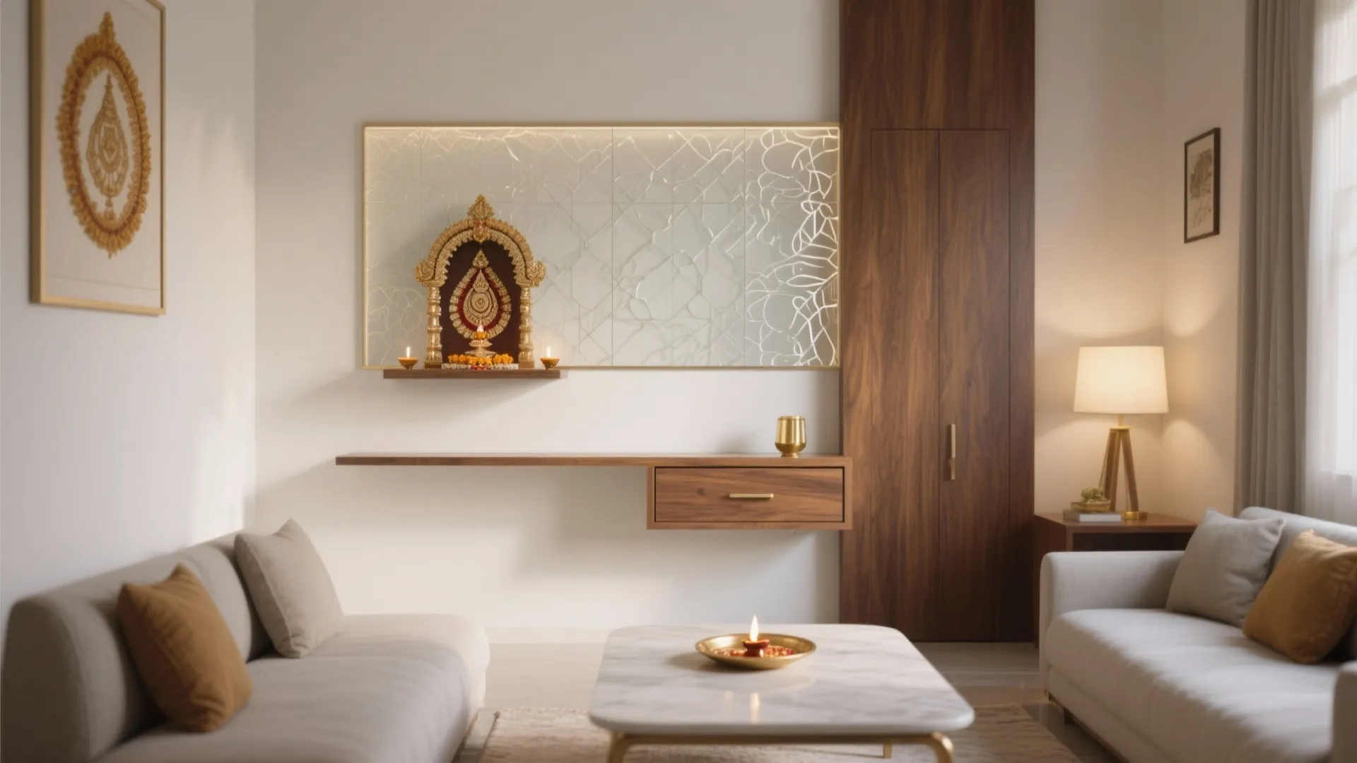 Living room interior design with grey sofas wooden wall panel and small wall mounted altar