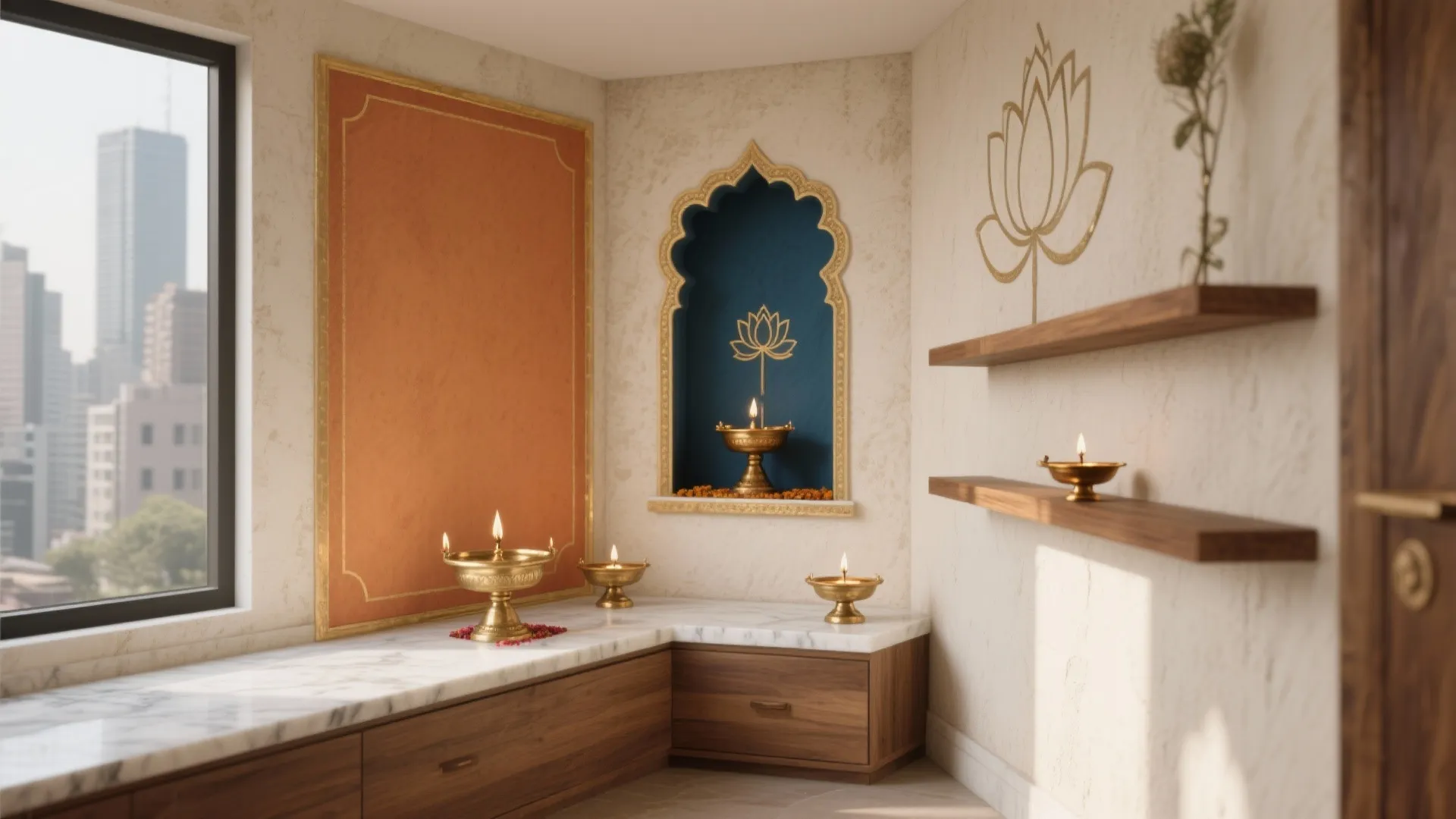 Traditional prayer room with brass oil lamps on marble counter wooden drawers and lotus wall decoration