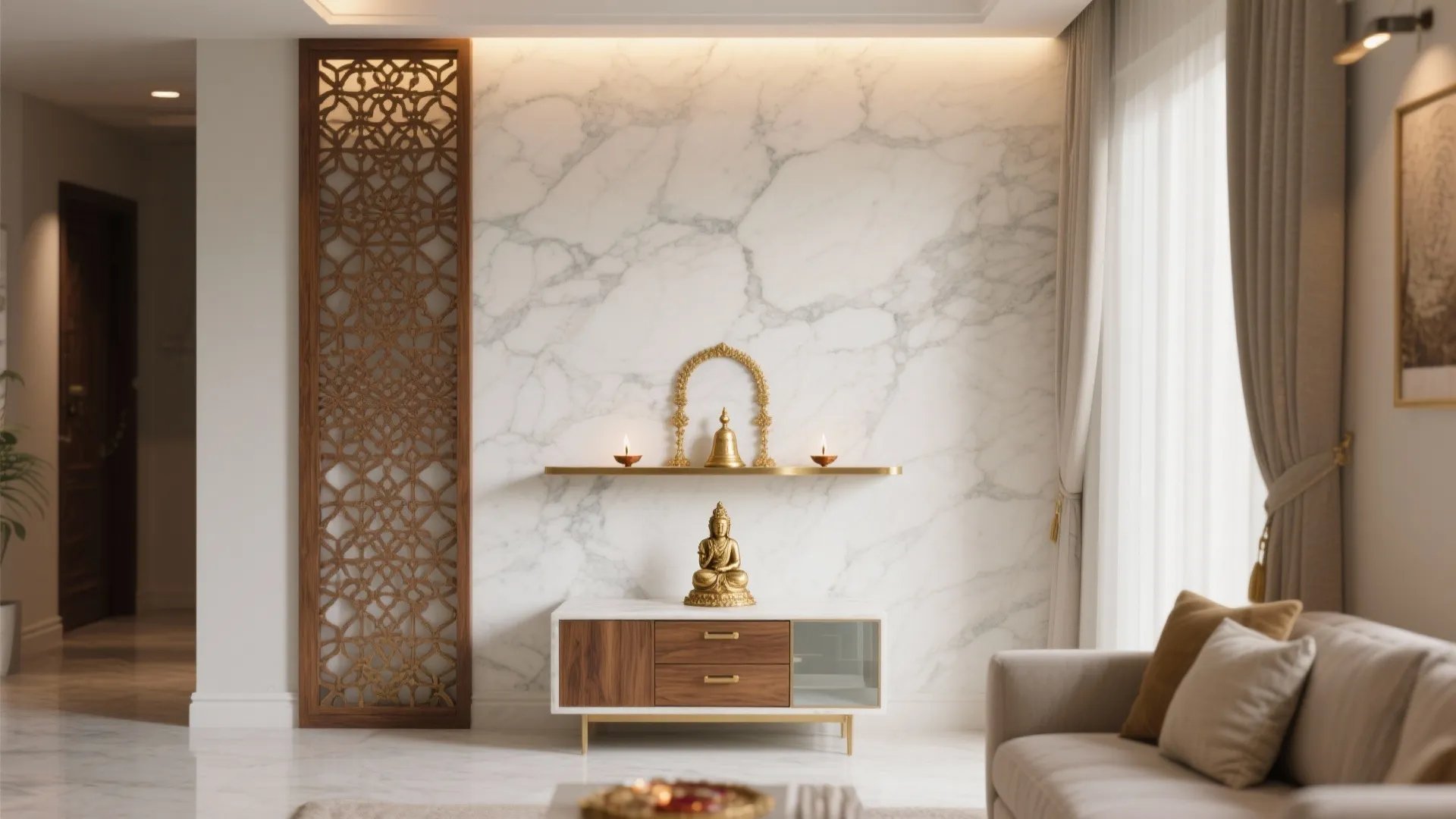 Modern living room featuring white marble wall with gold statue on small wooden storage cabinet
