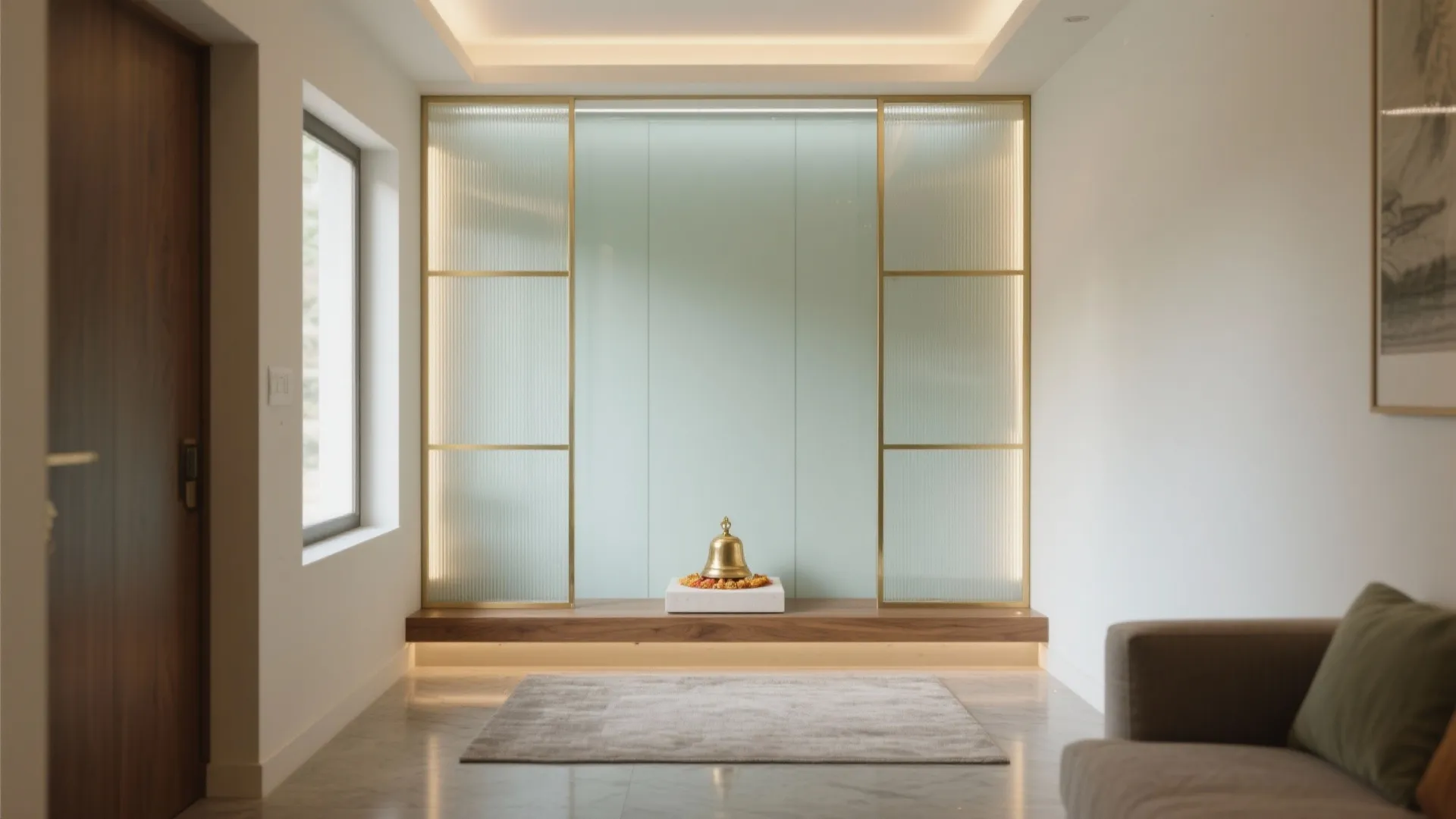 5 pooja room designs in glass for serene small homes: A senior interior designer’s guide to small, light-filled mandirs: frosted privacy, etched detail, sliding partitions, and luminous backlit walls