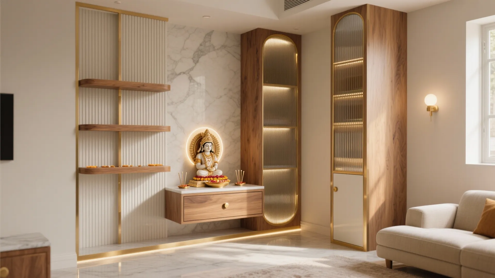 Modern living room with wooden cabinet glass doors marble wall panel and small statue on drawer