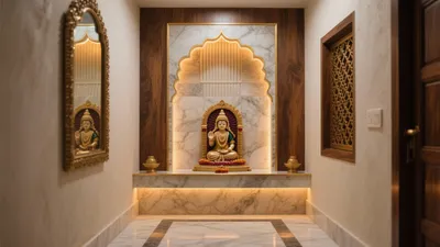 Luxury Indian Pooja Room Design with Marble and Wood