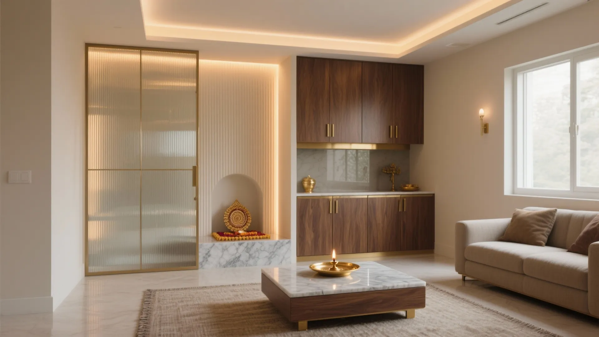 Modern living room with wood cabinets marble coffee table beige sofa and fluted wall panel
