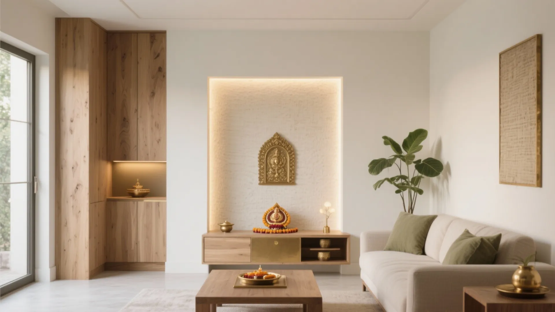 Bright living room featuring a recessed wall altar, white sofa, wooden cabinet, and green plant