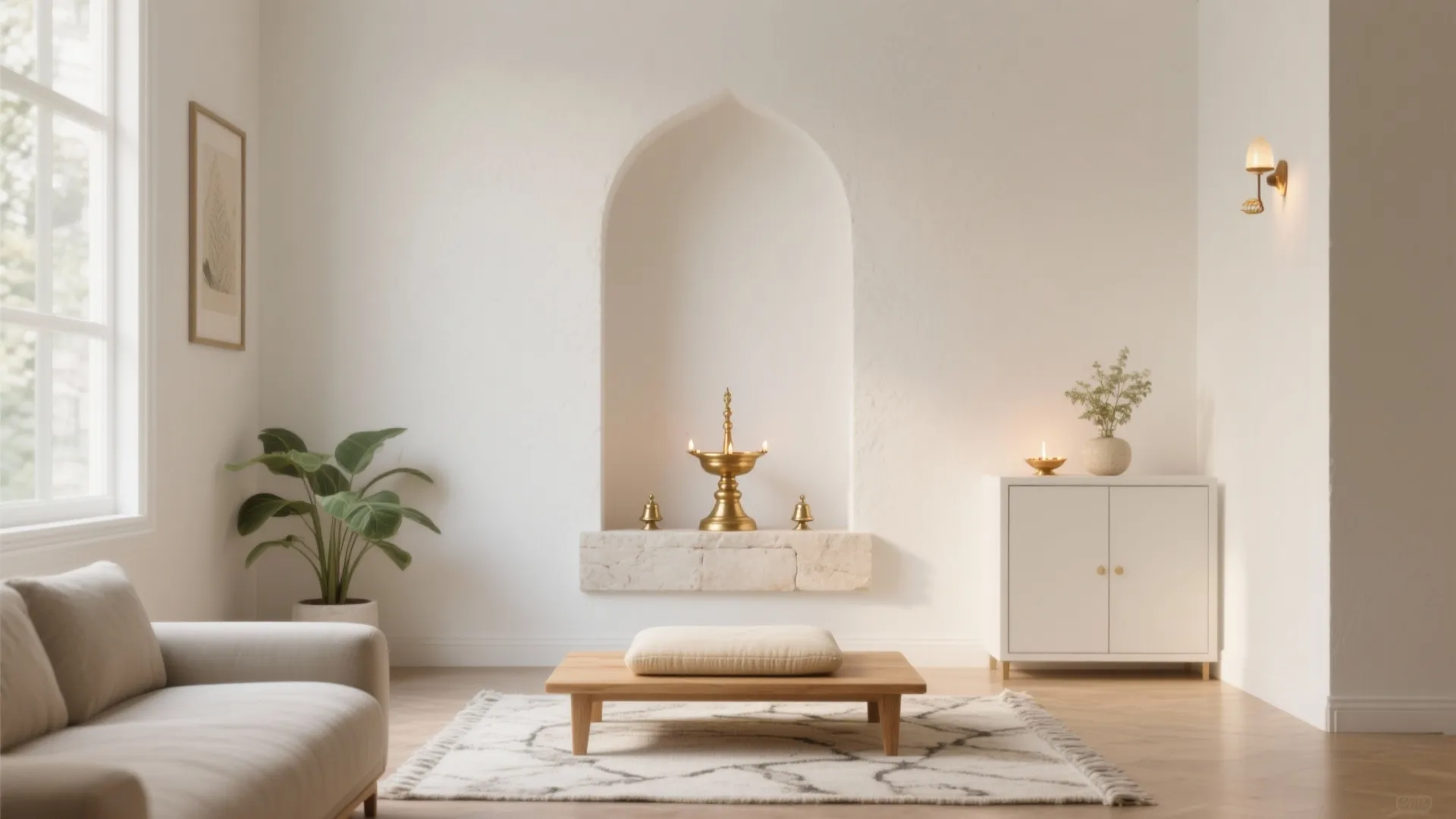 Modern living room with white sofa wooden table white cabinet green plant and arched opening